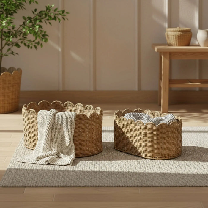 Frill Oval Rattan Storage Basket, Set Of 2 - Natural