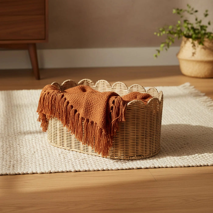 Frill Oval Rattan Storage Basket, Small - Natural
