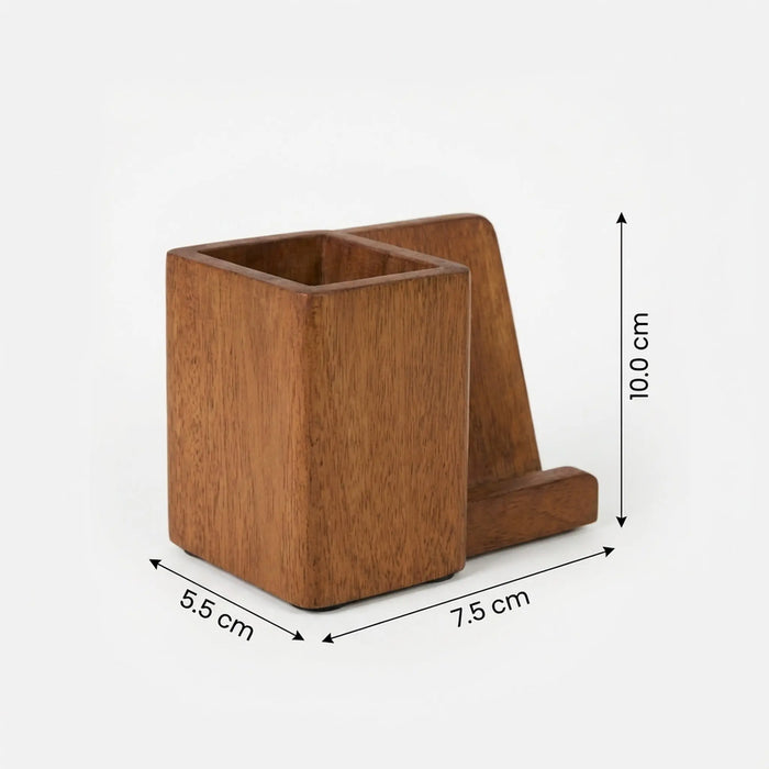 Inga Wooden Pen Holder With Mobile Stand - Brown