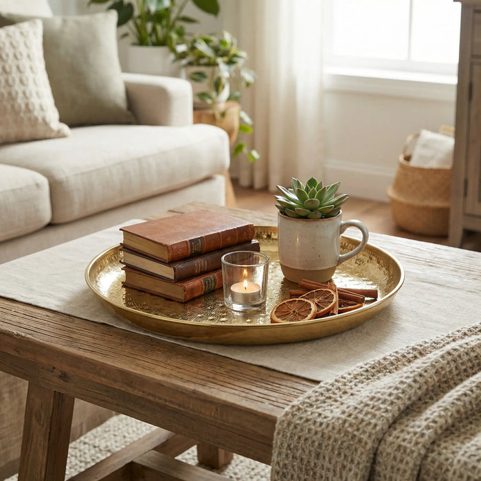 Lattice Hammered Metal Serving Platter, Gold