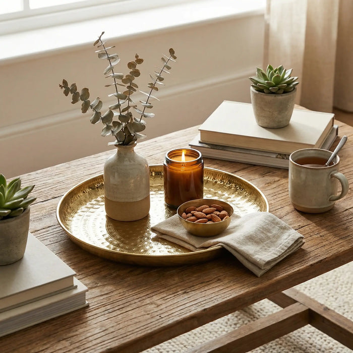 Lattice Hammered Metal Serving Platter, Gold