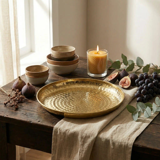 Lattice Hammered Metal Serving Platter, Gold Homelves