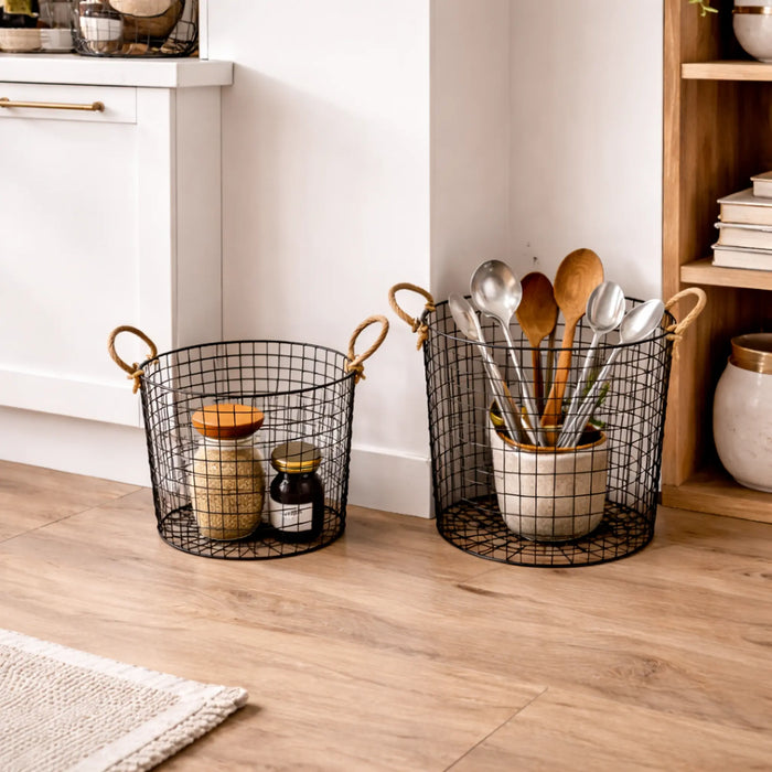 Linny Metal Storage Basket With Rope Handles, Set Of 2 - Black