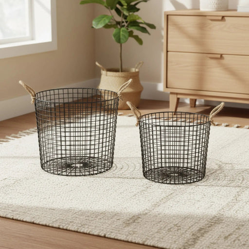Linny Metal Storage Basket With Rope Handles, Set Of 2 - Black Homelves