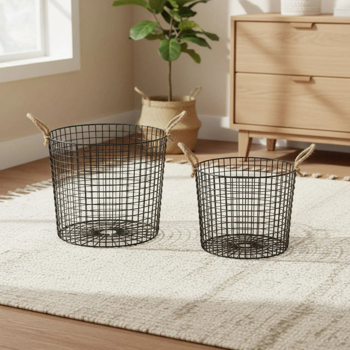 Linny Metal Storage Basket With Rope Handles, Set Of 2 - Black