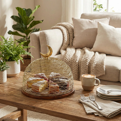 Lunar Wooden Platter With Metal Cover, Large - Gold Homelves