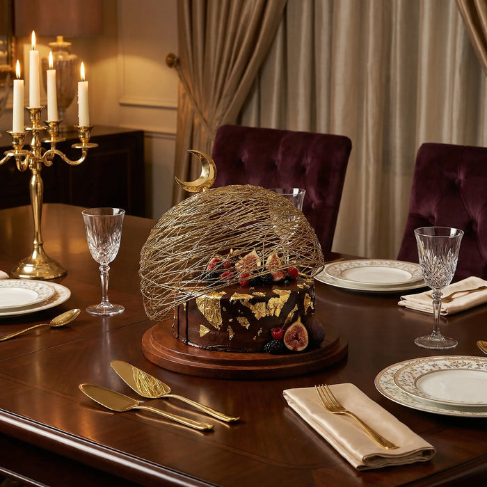 Lunar Wooden Platter With Metal Cover, Large - Gold
