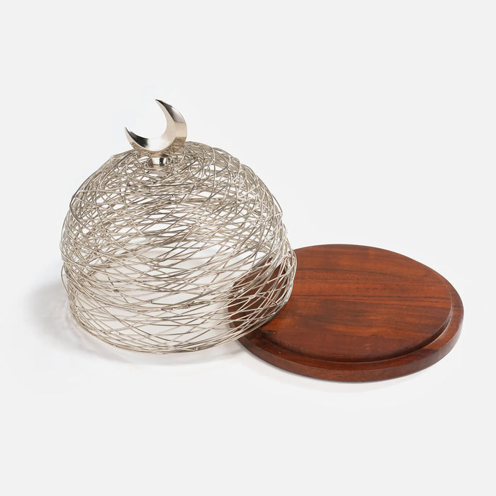 Lunar Wooden Platter With Metal Cover, Small - Silver