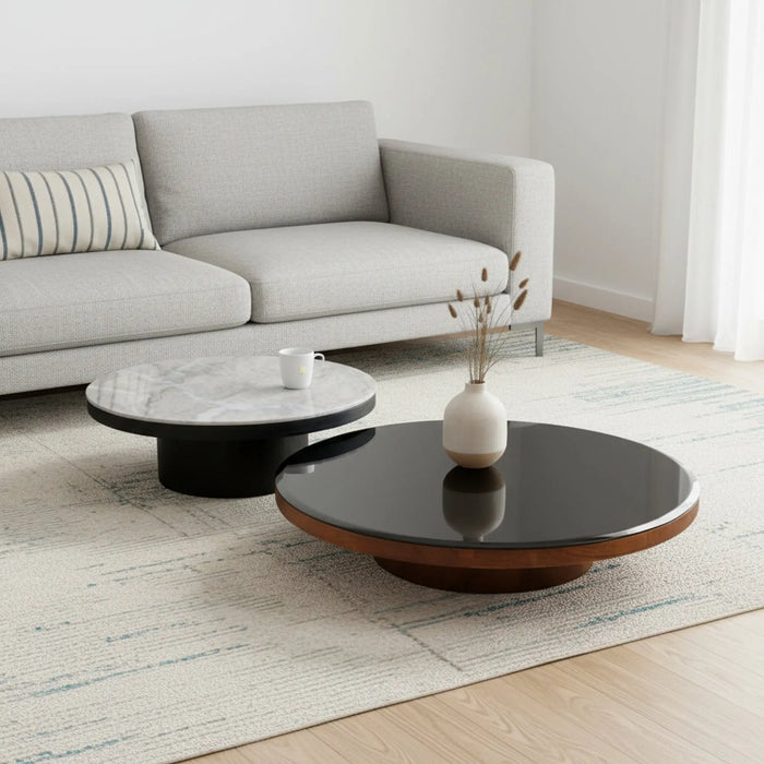 Mayo & Miyo Coffee Tables, Set of 2 - Black Glass, Torento Marble