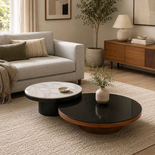Living room with a gray sofa, round coffee table, and wooden sideboard.