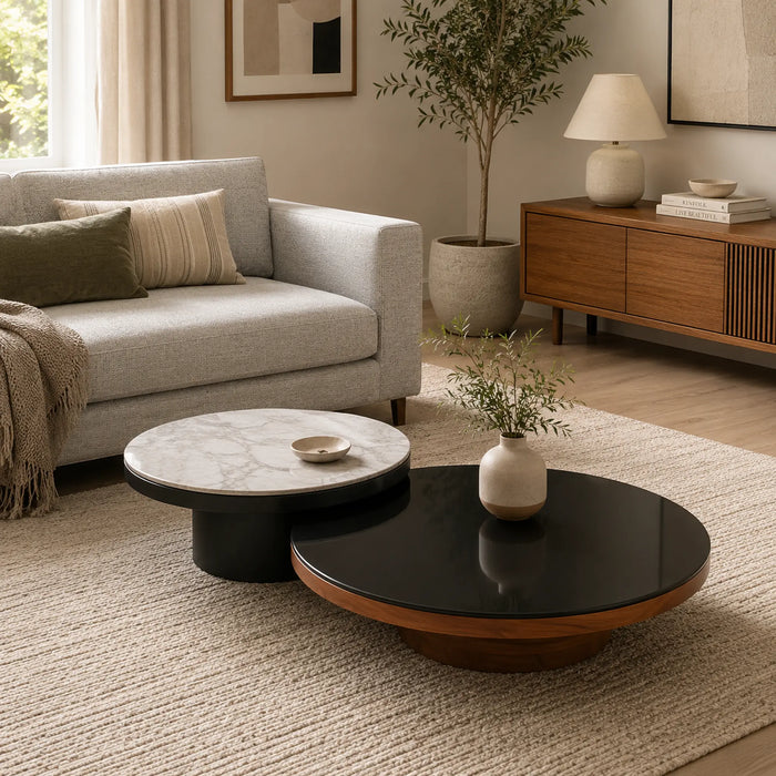 Mayo & Miyo Coffee Tables, Set of 2 - Black Glass, Torento Marble