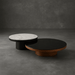 Two round coffee tables with marble and black tops