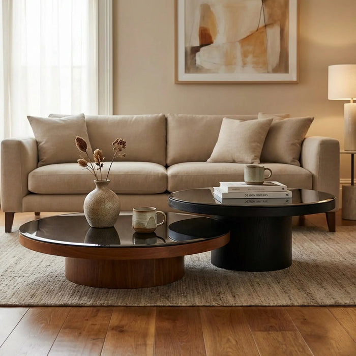 Mayo & Miyo Coffee Tables With Black Glass Top, Set Of 2