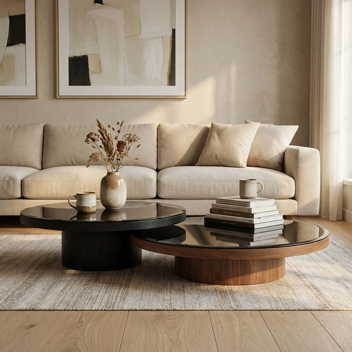 Mayo & Miyo Coffee Tables With Black Glass Top, Set Of 2
