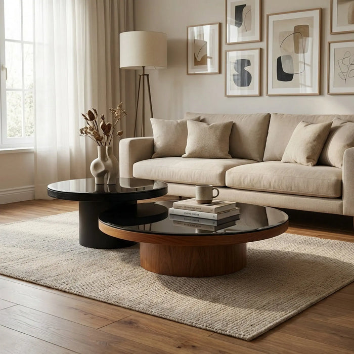 Mayo & Miyo Coffee Tables With Black Glass Top, Set Of 2