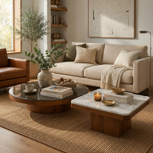 Modern living room with beige sofa, wooden coffee table, and decorative elements.