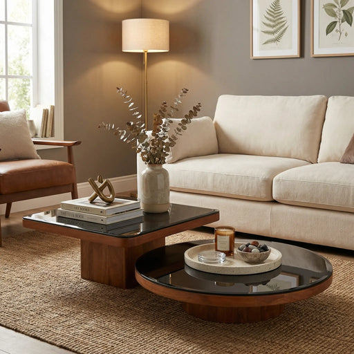 Living room with beige sofa, wooden coffee table, and decorative elements.