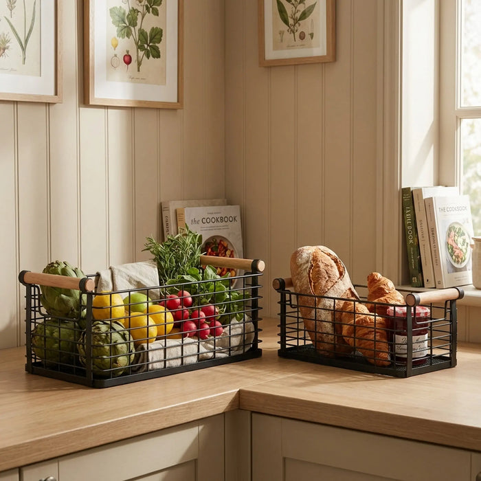 Mesh Metal Storage Basket With Wooden Handles, Set Of 2 - Black