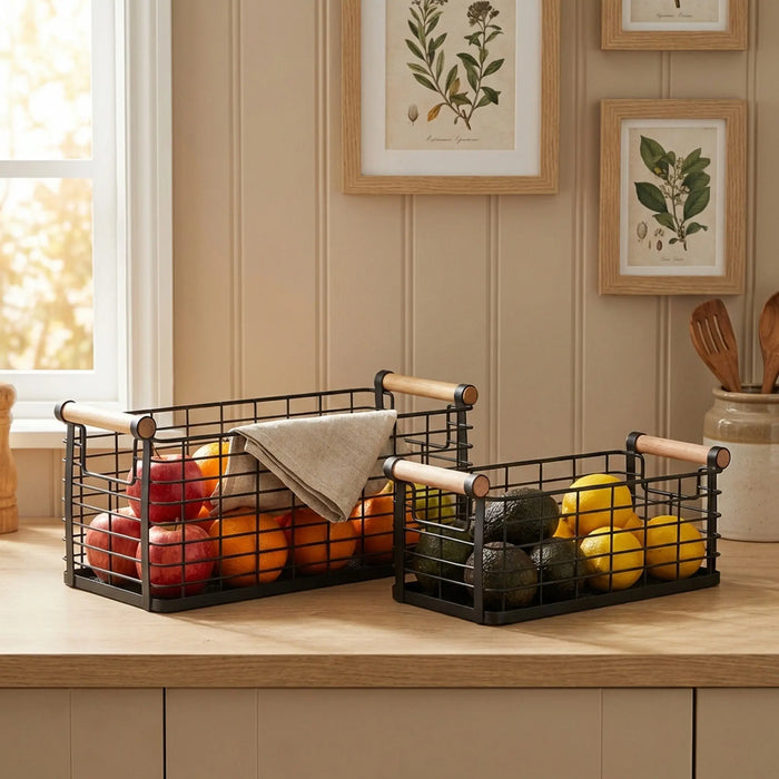 Mesh Metal Storage Basket With Wooden Handles, Set Of 2 - Black