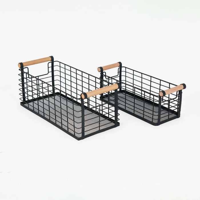 Mesh Metal Storage Basket With Wooden Handles, Set Of 2 - Black