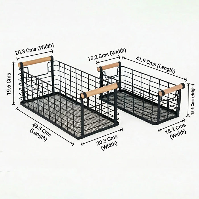 Mesh Metal Storage Basket With Wooden Handles, Set Of 2 - Black
