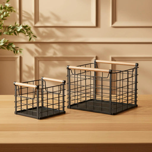 Mesh Storage Basket With Wooden Handles, Set Of 2 - Black Homelves