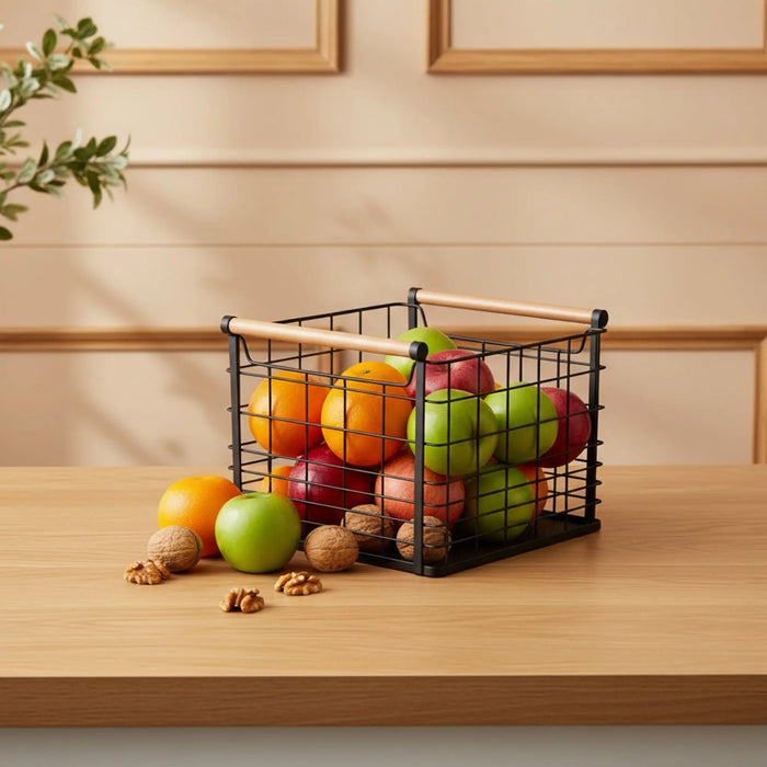 Mesh Storage Basket With Wooden Handles, Set Of 2 - Black