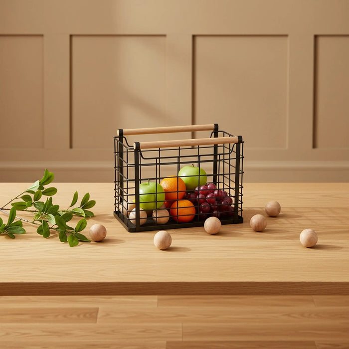 Mesh Storage Basket With Wooden Handles, Set Of 2 - Black