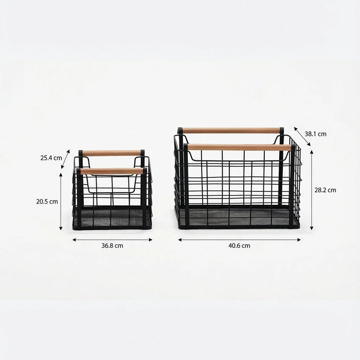 Mesh Storage Basket With Wooden Handles, Set Of 2 - Black