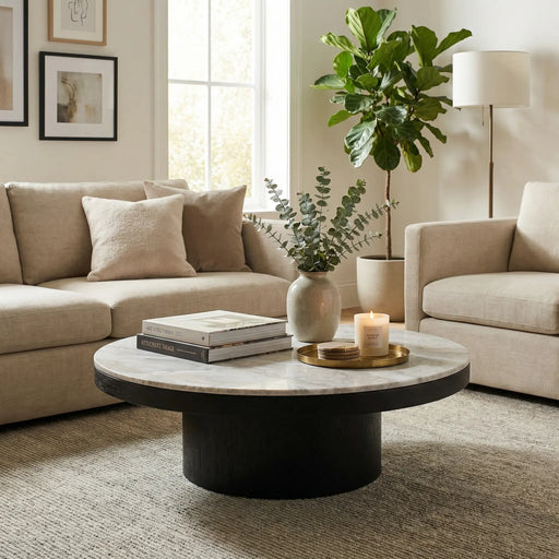Living room with beige sofa, marble coffee table, and decorative elements.