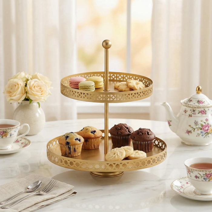 Nish 2-Tier Round Cake Stand - Gold