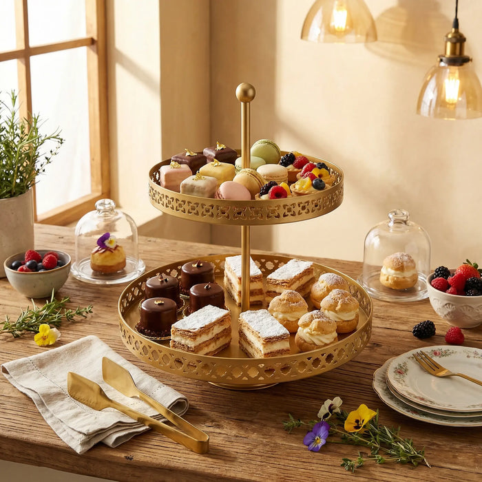Nish 2-Tier Round Cake Stand - Gold