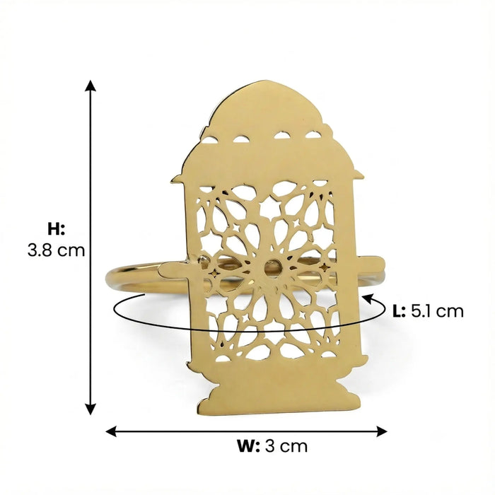 Gold ring with intricate design and measurements on a white background