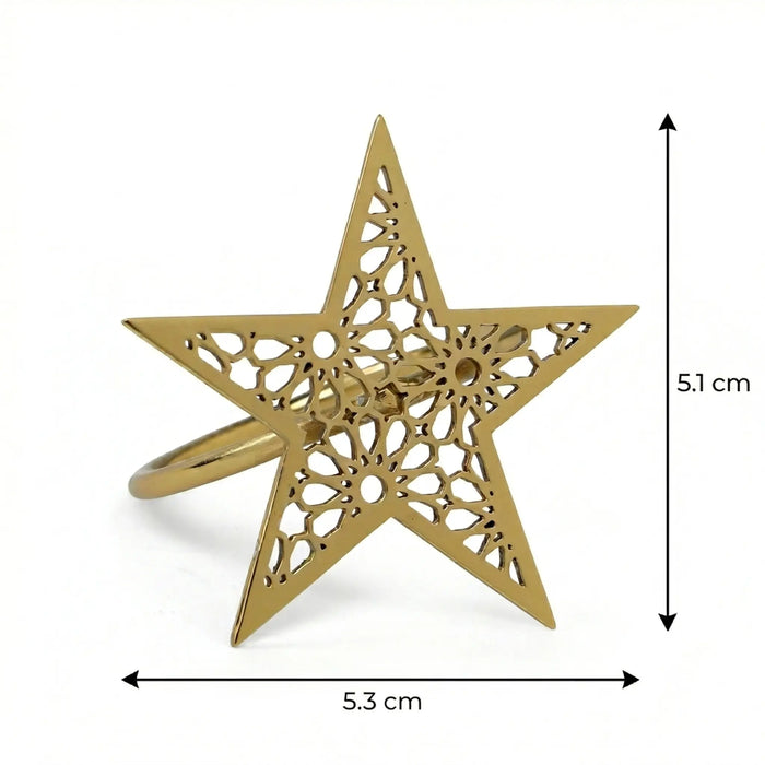 Gold star-shaped ring with cut-out design and measurements on a white background