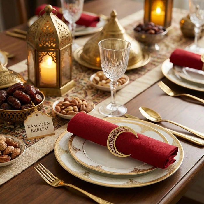 Decorative table setting with gold lanterns, candles, and red napkins on a wooden table.