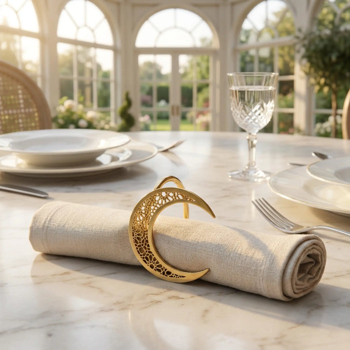 Decorative gold crescent moon napkin holder on a marble table with plates and glasses.