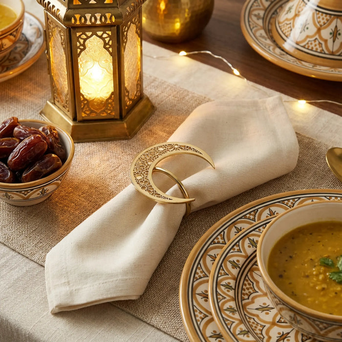 Decorative table setting with a lit lantern, bowl of dates, and patterned plates.