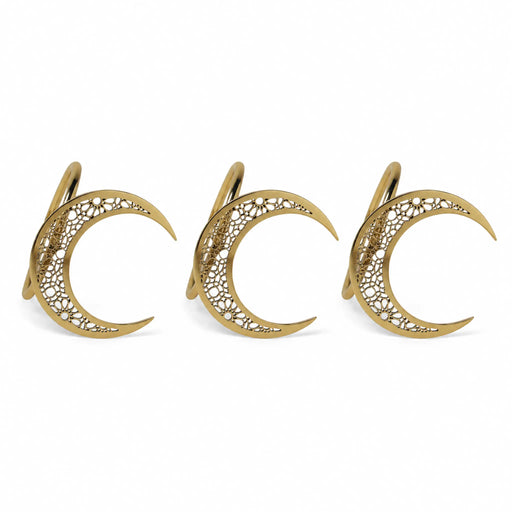 Three gold crescent moon-shaped earrings on a white background