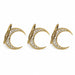 Three gold crescent moon-shaped earrings on a white background