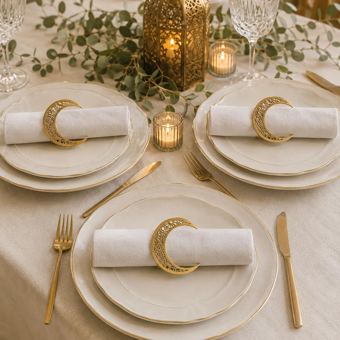 Elegant table setting with gold accents, plates, napkins, and candles on a white tablecloth.