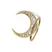 Gold crescent moon-shaped brooch with intricate design on a white background