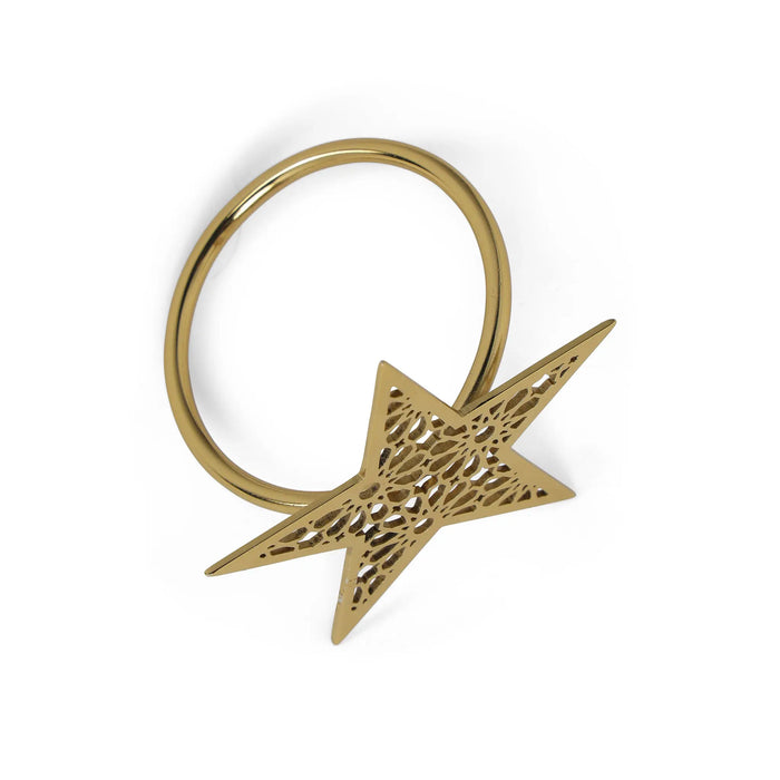 Gold ring with star-shaped design on a white background