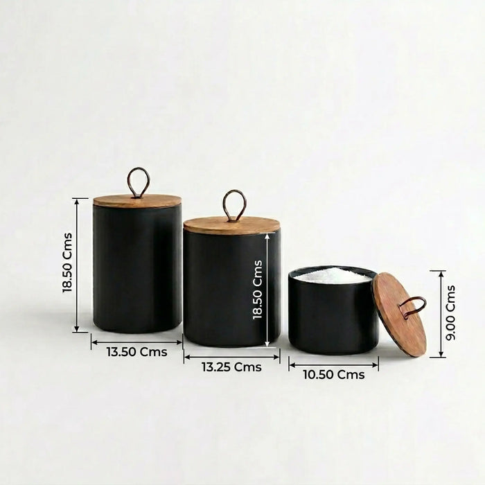 Penta Metal Storage Jars, Set Of 3 - Black