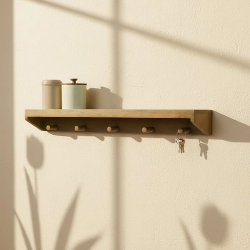 Rafa Wooden Wall Shelf With Hooks, Natural Homelves