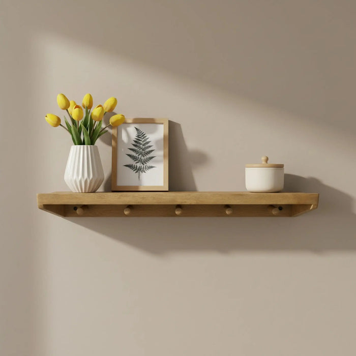 Rafa Wooden Wall Shelf With Hooks, Natural