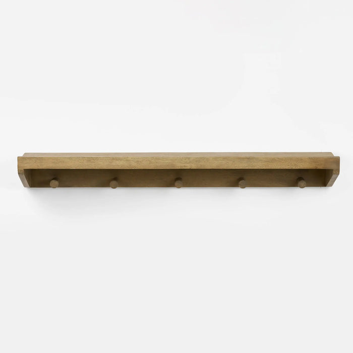 Rafa Wooden Wall Shelf With Hooks, Natural