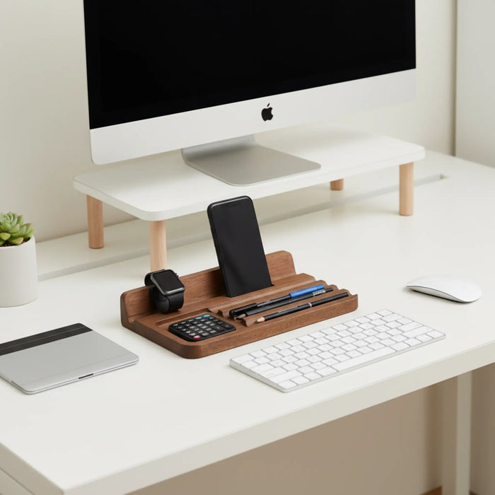 Recto Wooden Office Tray With Phone Slot, Brown