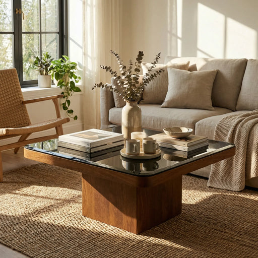 Living room with a coffee table, sofa, and decorative items.
