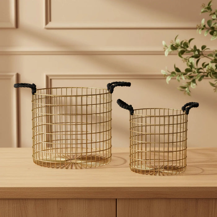 Solix Metal Storage Basket, Set Of 2 - Gold