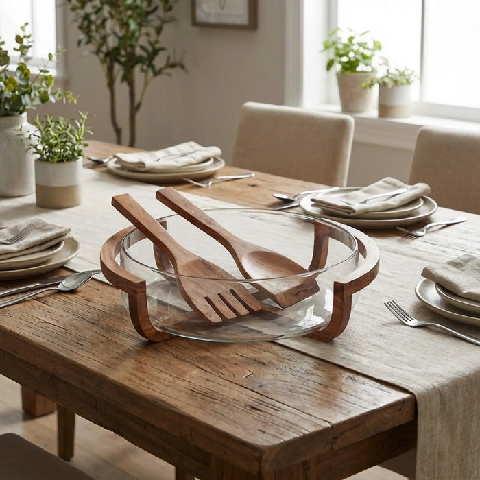 Vetro Glass Serving Bowl With Wooden Stand and Spoons